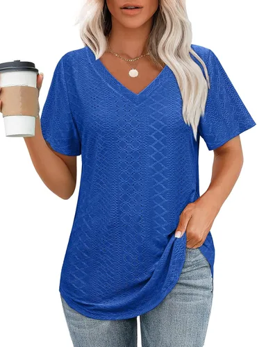 Vista 25 de OFEEFAN Camisetas básicas de manga corta con cuello en V para mujer, ajuste holgado, con dobladillo curvado B-verde