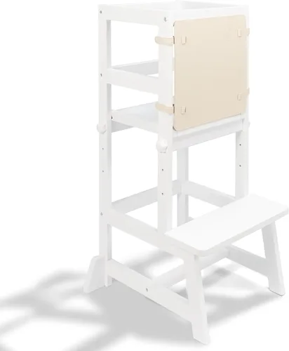 Vista 8 de Taburete de cocina para niños pequeños con alfombrilla antideslizante, Taburete de aprendizaje Montessori de madera para niños de Wood City, Torre
