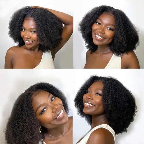 Vista 2 de Peluca negra Kinkycurly con borde 4C, cabello humano 4x4 HD encaje afro rizado cierre peluca para mujeres negras encaje precortado sin pegamento