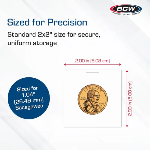 Vista 3 de BCW Monedas de 2 x 2 para monedas pequeñas en dólares – Paquete de 100 Ventana de poliéster archival Monedas de 2 x 2 para monedas Sacagawea