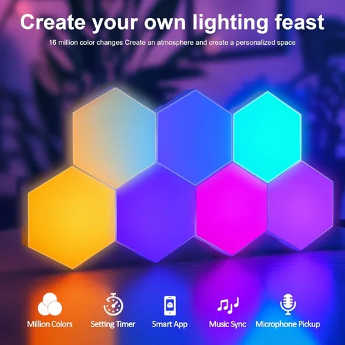 Vista 4 de Paneles de luz hexagonales de expansión, 4 paneles LED, luces LED hexagonales de pared, efectos de color de sueño, luces inteligentes
