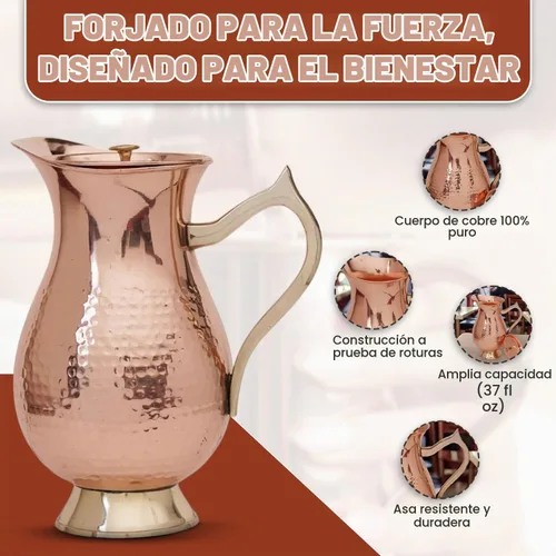 Vista 4 de Jarra de cobre 100% puro de 50.7 fl oz (50.72 onzas) – Jarra de agua de cobre martillado con tapa y asa, jarra de agua de cobre ayurvédica