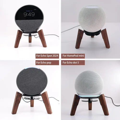 Vista 5 de Soporte de Escritorio para Altavoces Compatible con Echo Spot y Homepod Mini, Patas de Madera, Soporte de Montaje Protector para Todos los Tamaños
