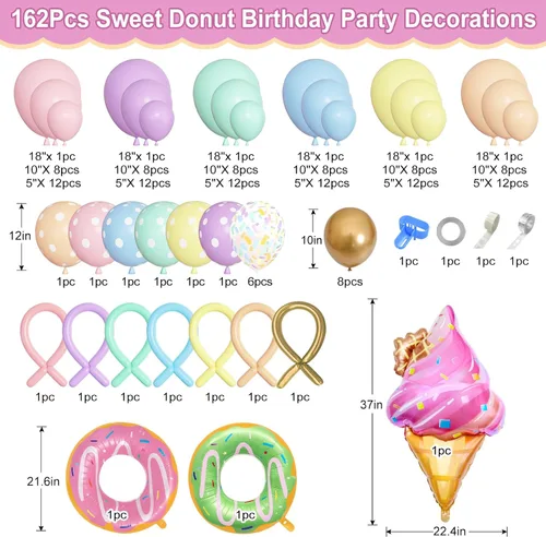 Vista 2 de Kit de guirnalda de arco de globos de dona pastel, 162 piezas de dona dos dulces uno, suministros de fiesta de cumpleaños, confeti pastel, confeti