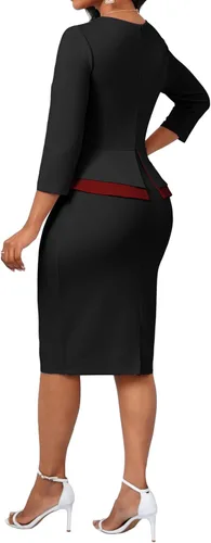 Vista 5 de Oxgmoky Vestido de iglesia para mujer, vestido de trabajo, negocios, entallado, manga 34, cuello redondo, vestidos de lápiz