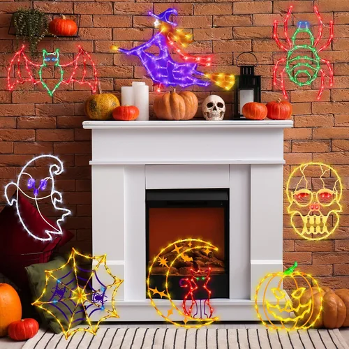 Vista 2 de Decoraciones de Luces de Siluetas para Ventana de Halloween de 16" - Paquete de 6 Colores Iluminados Gato en Luna y Fantasma y Telaraña y Calabaza