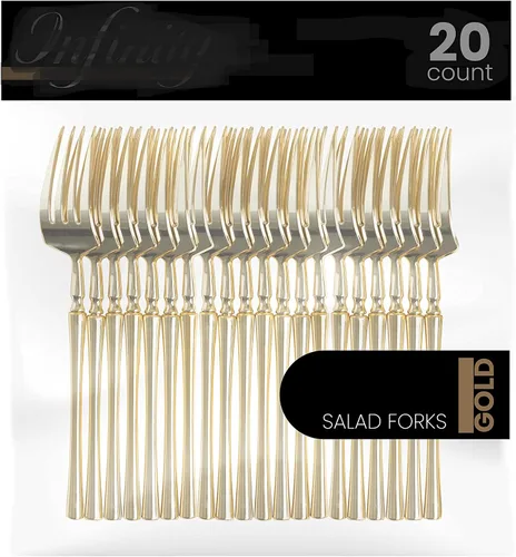 Vista 25 de PlasticPro 20 unidades de tenedores de cena de plástico dorado de calidad premium resistentes desechables elegantes cubiertos de cena para fiesta