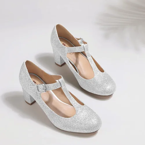 Vista 4 de IDIFU Zapatos de vestir para mujer, zapatos de vestir Mary Jane, zapatos de vestir bajos y gruesos con correa en T, zapatos de boda para novia
