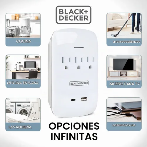 Vista 4 de BLACK+DECKER Protector contra sobretensiones de montaje en pared, 3 tomas, 2 puertos USB