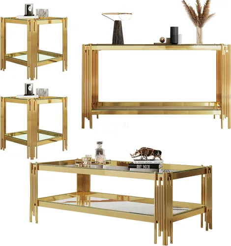 Vista 21 de Mesa auxiliar rectangular de vidrio de 48 pulgadas, mesa de centro de 2 niveles con parte superior de vidrio templado negro, patas de acero