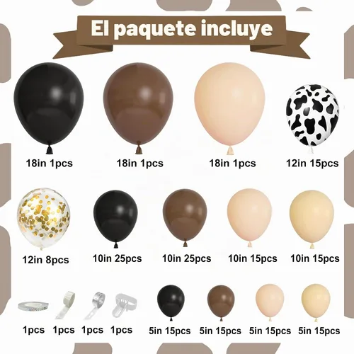 Vista 2 de Kit de Arco de Guirnalda de Globos de Vaquero Occidental de 170 Piezas, Globos de Confeti Negro y Marrón con Estampado de Vaca para Granja