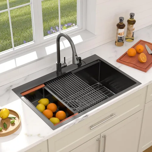 Vista 4 de Dcolora - Fregadero de cocina negro de 30 pulgadas, de montaje superior, con grifo, estación de trabajo de acero inoxidable, cuenco individual