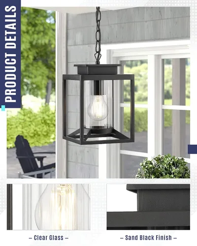 Vista 6 de Lámpara colgante exterior para porche, luz colgante negra de 1 luz, lámpara colgante exterior moderna con vidrio cilíndrico y cadena ajustable