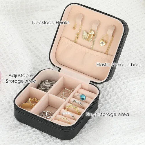 Vista 3 de MJartoria Joyero de viaje, pequeñas cajas de joyería para mujeres y niñas, caja organizadora de joyas portátil negra, regalos de moda