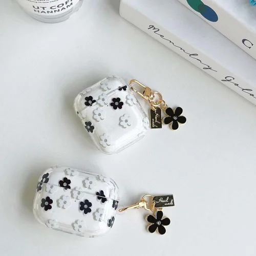 Vista 5 de Funda protectora para AirPods Pro de 1ª generación con llavero, bonita funda protectora para auriculares con flores negras y flores, TPU suave
