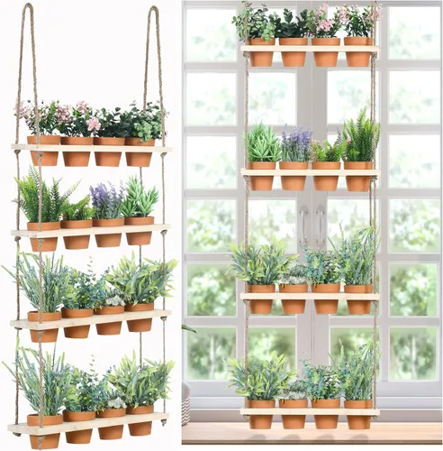 Vista 8 de FillTouch Macetas colgantes de hierbas de 3 niveles para colgar en la pared de jardín de hierbas con 12 piezas de maceta vertical de madera