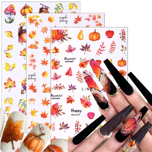 Vista 2 de 6 calcomanías de arte de uñas de otoño, calcomanías de uñas con láser 3D, calcomanías brillantes para uñas, diseño de hojas de arce doradas