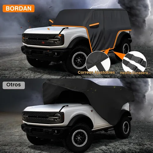 Vista 4 de Funda de coche para Ford Bronco de 2 puertas, 420D, funda impermeable para todo tipo de clima, sol, lluvia, UV, polvo, cubierta de cabina