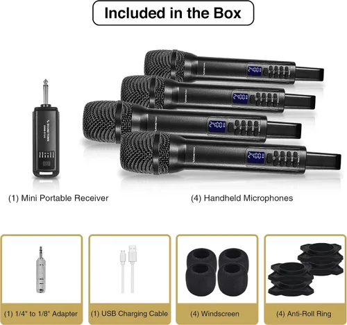Vista 5 de Sound Town Sistema de micrófono inalámbrico recargable de 2.4 GHz con 4 micrófonos de mano, mini receptor portátil de 1/4 pulgadas, ecualizador
