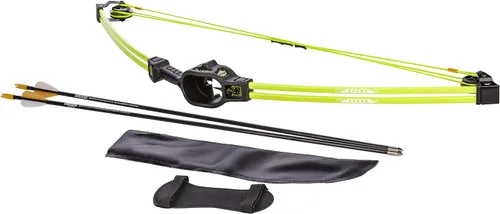 Vista 2 de Bear Archery Spark - Juego de arco juvenil, recomendado para edades de 5 a 10 años, ambidiestro, incluye 2 flechas, protector de brazos, carcaj