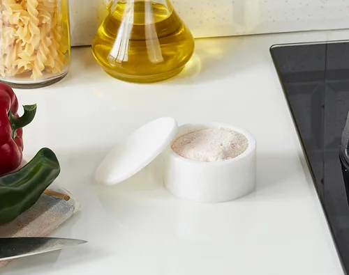 Vista 3 de Queenza Bodega de sal de mármol blanco con tapa, cuenco de sal de mármol hecho a mano de 3 pulgadas, contenedor de sal kosher, recipiente