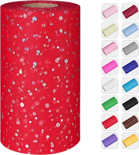 Vista 10 de Rollos de tul con purpurina, 6 pulgadas por 50 yardas (150 pies) de tela de malla de tul para faldas tutú, costura, cumpleaños, boda, decoración