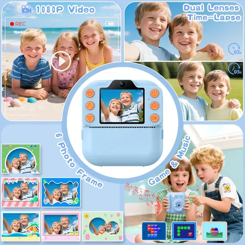 Vista 3 de Cámara de Impresión Instantánea para Niños, Juguetes para Niños Pequeños Cámara Digital de Impresión Instantánea para Edades de 3 a 12 años, Regalos