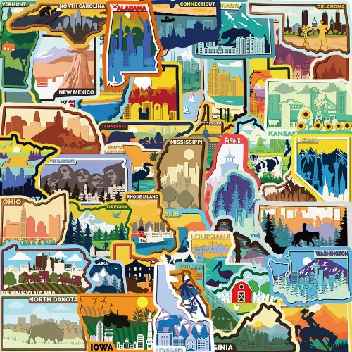 Vista 9 de Calcomanías de mapa de Estados Unidos, 50 unidades, Funimost Travel USA, calcomanías de vinilo impermeables para botellas de agua, laptop