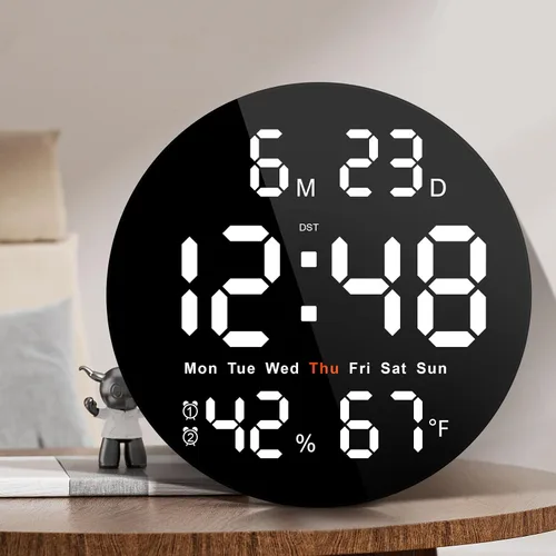 Vista 12 de Reloj digital grande para aula, relojes digitales para profesores, reloj LED redondo de 10 pulgadas con pantalla grande, fecha, temporizador de Azul