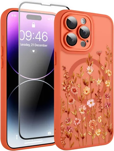 Vista 128 de Magnético para iPhone 13 con protector de pantalla [Compatible con MagSafe] Diseño de patrón floral de flores bonitas, funda delgada a prueba