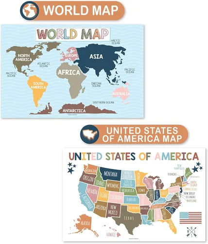 Vista 5 de Hadley Designs 4 carteles del alfabeto, mapa de Estados Unidos, mapa del mundo y sistema solar, gráficos ABC laminados para decoración de pared