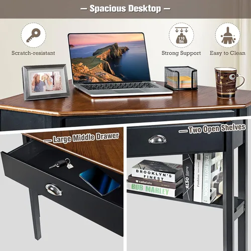 Vista 6 de POWERSTONE Escritorio esquinero para espacio pequeño - Escritorio triangular para computadora con cajón de almacenamiento y estante para oficina