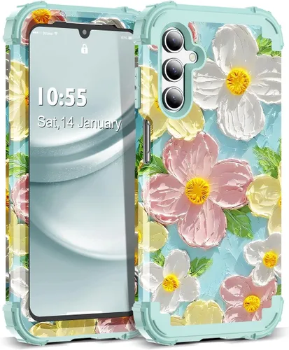 Vista 13 de Funda para Galaxy A14 5G Case, Patrón Floral 3 en 1 Protección Resistente de Servicio Pesado a Prueba de Golpes Parachoques de Goma de Silicona