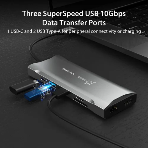 Vista 5 de j5create Concentrador de pantalla triple USB C 4K - 4K HDMI x2, 4K DP, 2 USB-A y USB-C 10Gbps, PD 100W, Ethernet, lector de tarjetas SD 4.0