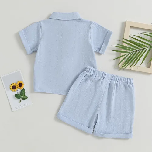 Vista 2 de AEEMCEM Conjunto de 2 piezas de camisa y pantalones cortos de algodón de lino de algodón de color liso para niños pequeños