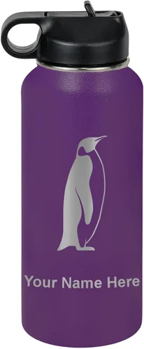 Vista 46 de LaserGram Botella de agua personalizada, pingüino, acero inoxidable de doble pared aislada al vacío con popote superior, regalo grabado