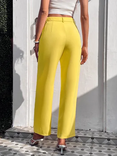 Vista 2 de Floerns Pantalones plisados de cintura alta con botones y bolsillos para mujer