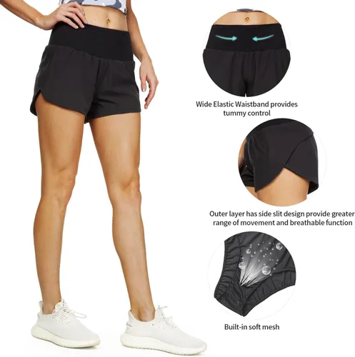 Vista 5 de Haowind Pantalones cortos para correr para mujer con bolsillos, cintura alta, pantalones deportivos atléticos, de secado rápido, pantalones cortos