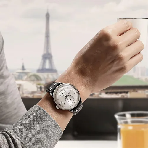 Vista 6 de FEICE Reloj mecánico automático para hombre, de acero inoxidable, correa de cuero, analógico, curvado, acabado cepillado, estilo casual