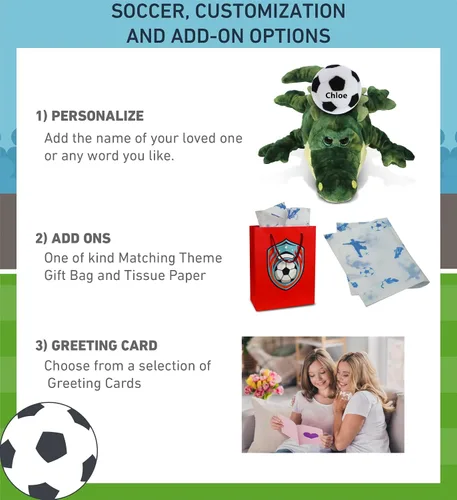 Vista 2 de DolliBu Gator - Animal de peluche con pelota de fútbol, cocodrilo suave y abrazable, adorable juguete de peluche de cocodrilo para jugar, lindo