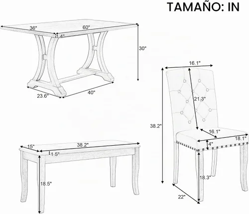 Vista 4 de Juego de mesa de comedor rústica de 6 piezas con mesa rectangular de caballete y 4 sillas tapizadas y banco, juego de mesa de comedor de cocina