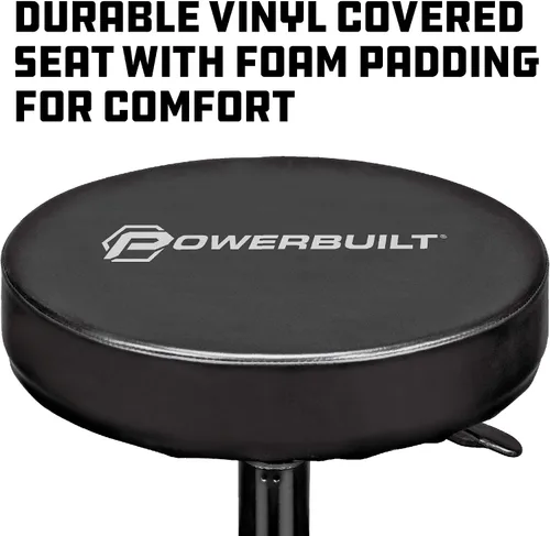 Vista 5 de Powerbuilt - Asiento rodante, taburete de garaje con altura ajustable y bandeja para herramientas, suave y acolchado para reparación de automóviles