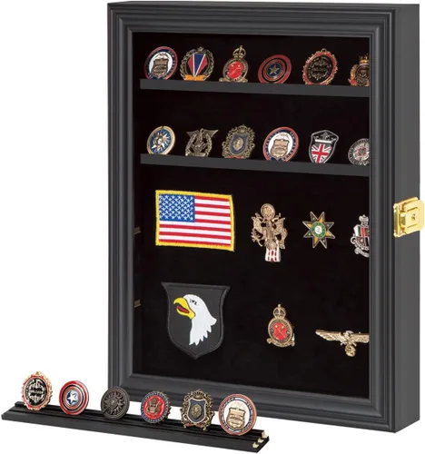 Vista 8 de Verani Vitrina de medallas – Caja de sombra de monedas de desafío militar – Vitrina de pines con estantes extraíbles y fondo pinable para insignias