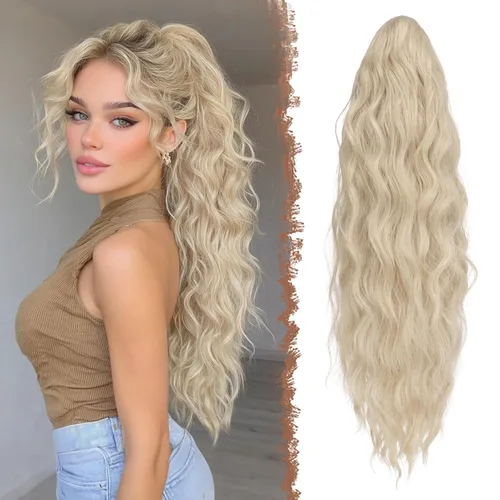 Vista 10 de FESHFEN Extensiones de cola de caballo – 26 pulgadas cordón largo rizado ondulado clip en colas de caballo pelo sintético extensiones de cola