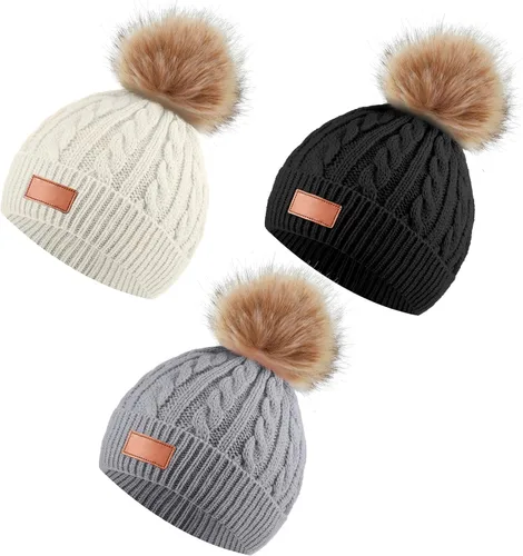 Vista 8 de Gorro de lana de punto para niños de 3 piezas, gorro de invierno cálido con pompón desmontable para niñas de 1 a 3 años