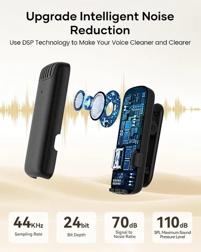 Vista 5 de Micrófono Lavalier inalámbrico para iPhone, iPad y Android con funda de carga, micrófono de solapa con reducción de ruido, duración de la batería