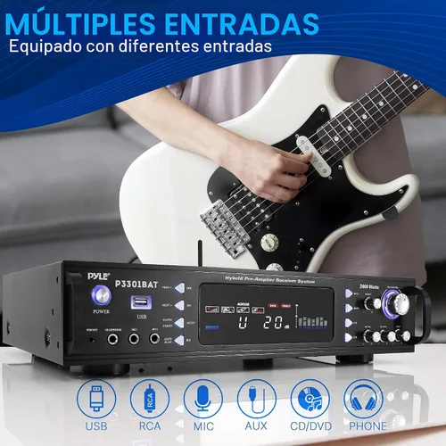 Vista 4 de Pyle Amplificador estéreo Bluetooth, montaje en rack, potencia máxima de 3000 W, karaoke fácil con micrófonos duales, salida de subwoofer, salida