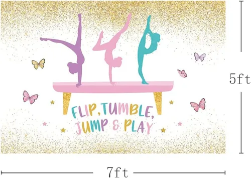 Vista 3 de MEHOFOND Telón de fondo de gimnasia de cumpleaños para niñas, gimnastas, volteador, saltar y jugar, suministros de decoración de fiesta, fondo