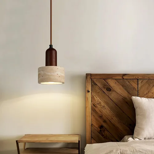 Vista 3 de Lámpara colgante japonesa Wabi sabi con pantalla de piedra natural, lámpara colgante de madera moderna regulable, lámpara colgante de altura