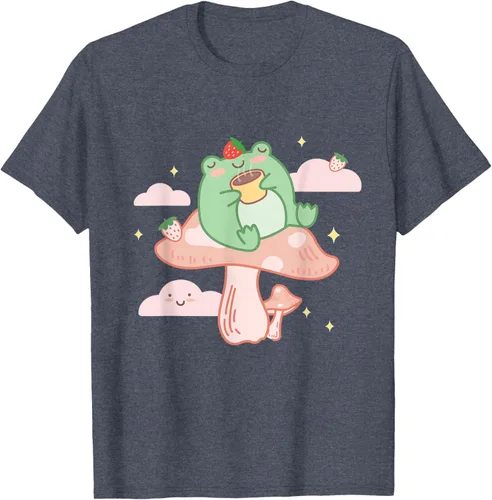 Vista 71 de Kawaii Strawberry Frog On Mushroom - Camiseta de manga corta de anime, Azul / Patchwork, S Azul Pastel